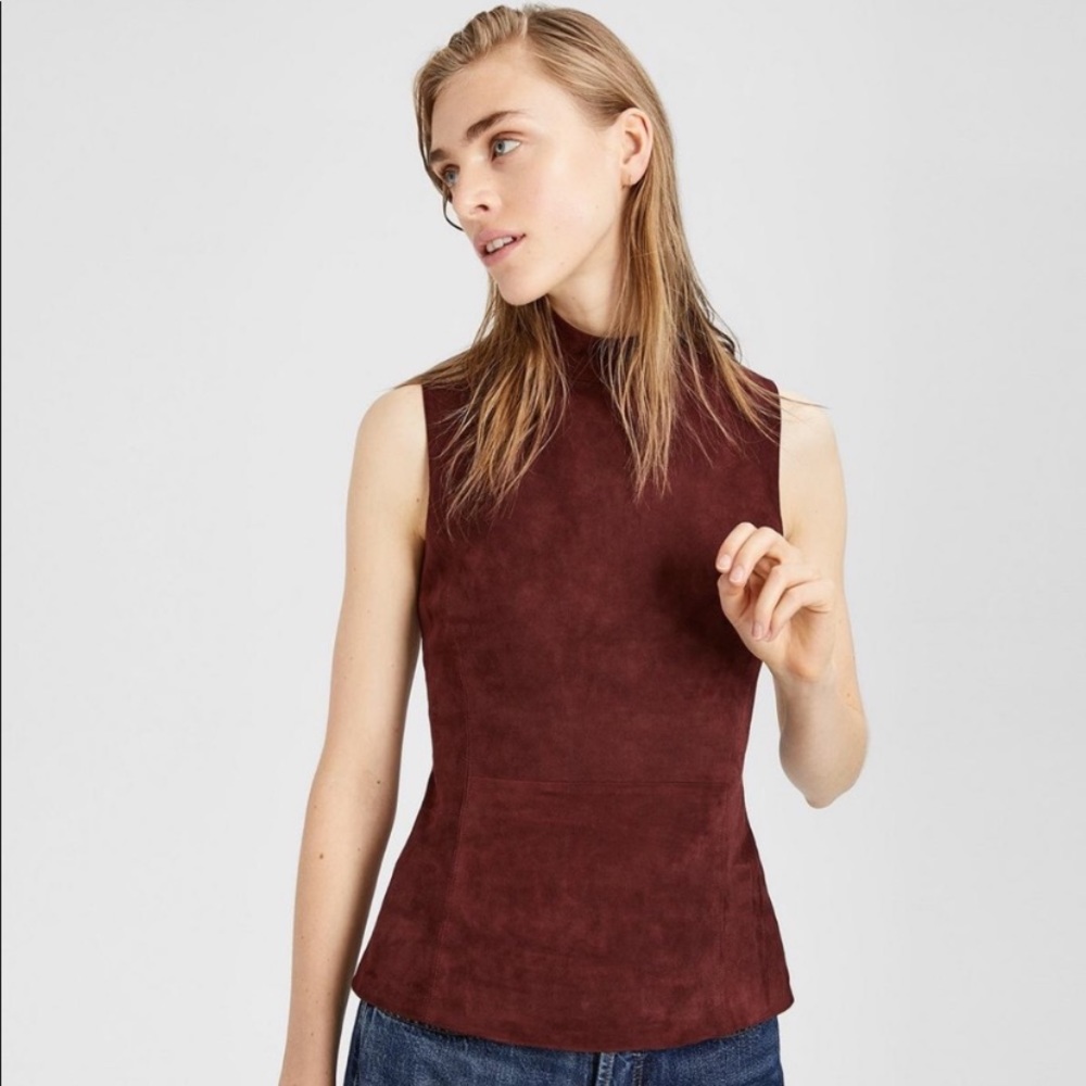 THEORY Chili Red Eulia Suede Ponte Mock Top